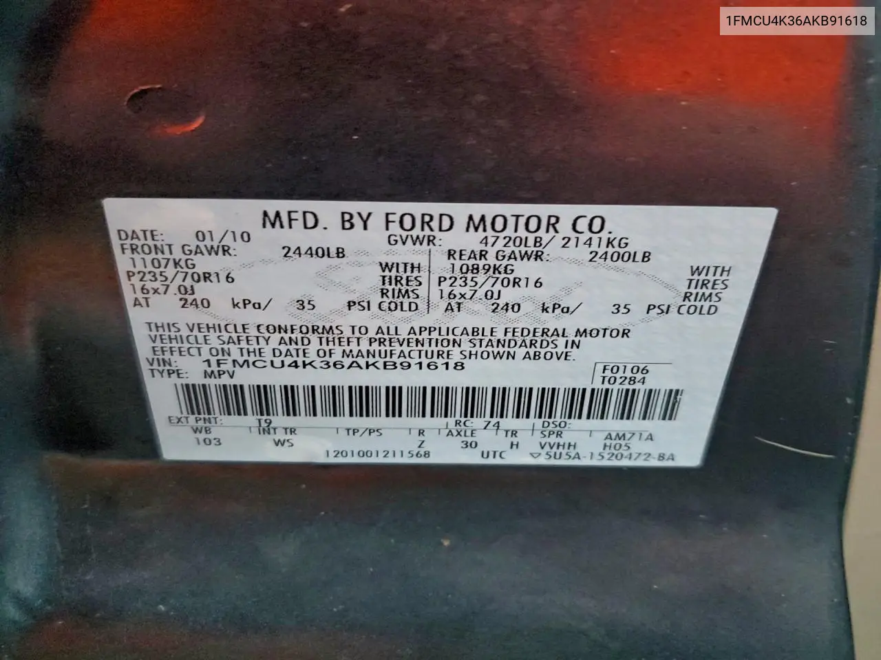 1FMCU4K36AKB91618 2010 Ford Escape Hybrid
