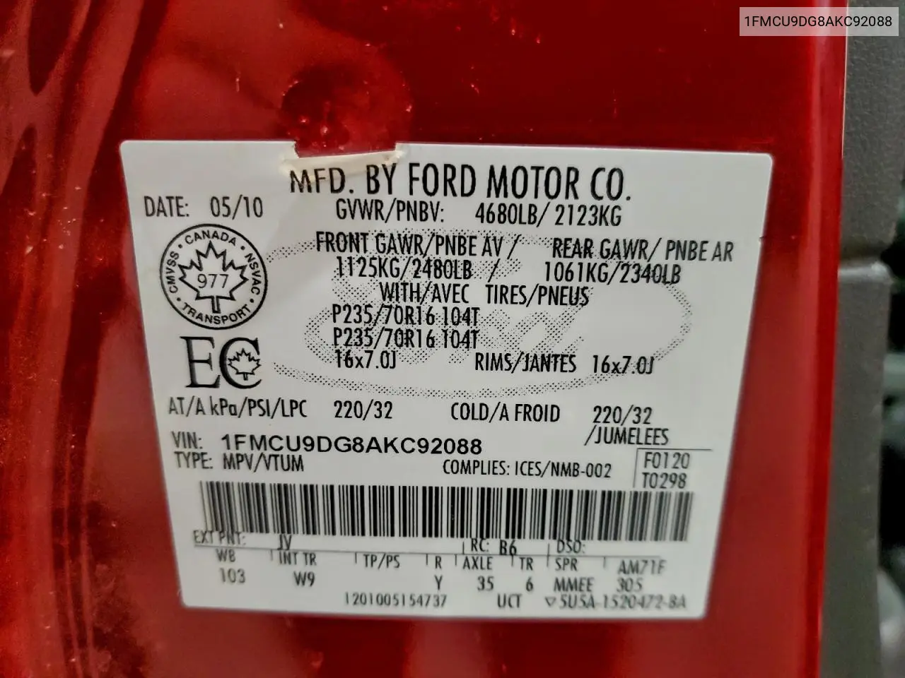 1FMCU9DG8AKC92088 2010 Ford Escape Xlt