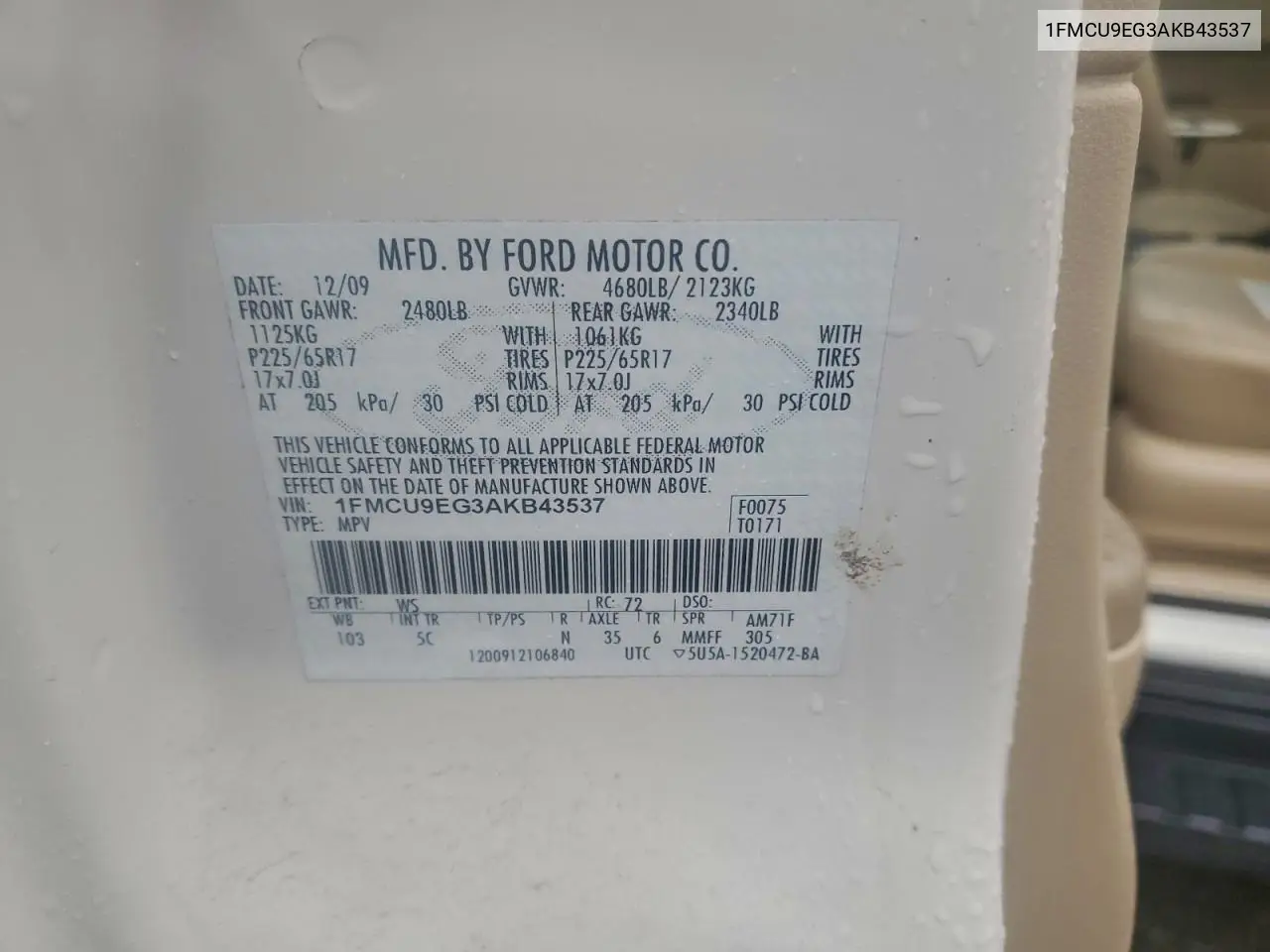 1FMCU9EG3AKB43537 2010 Ford Escape Limited