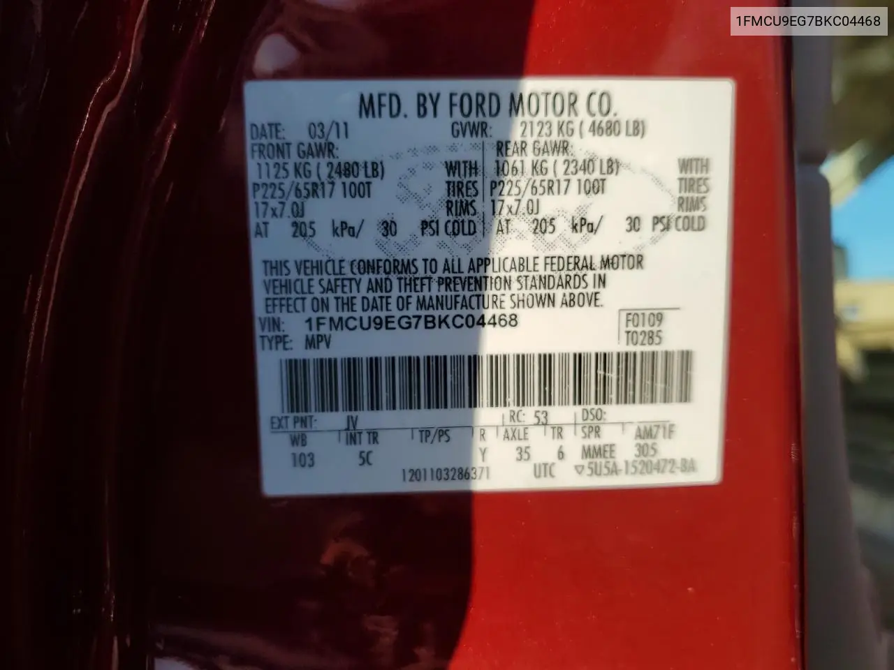 1FMCU9EG7BKC04468 2011 Ford Escape Limited