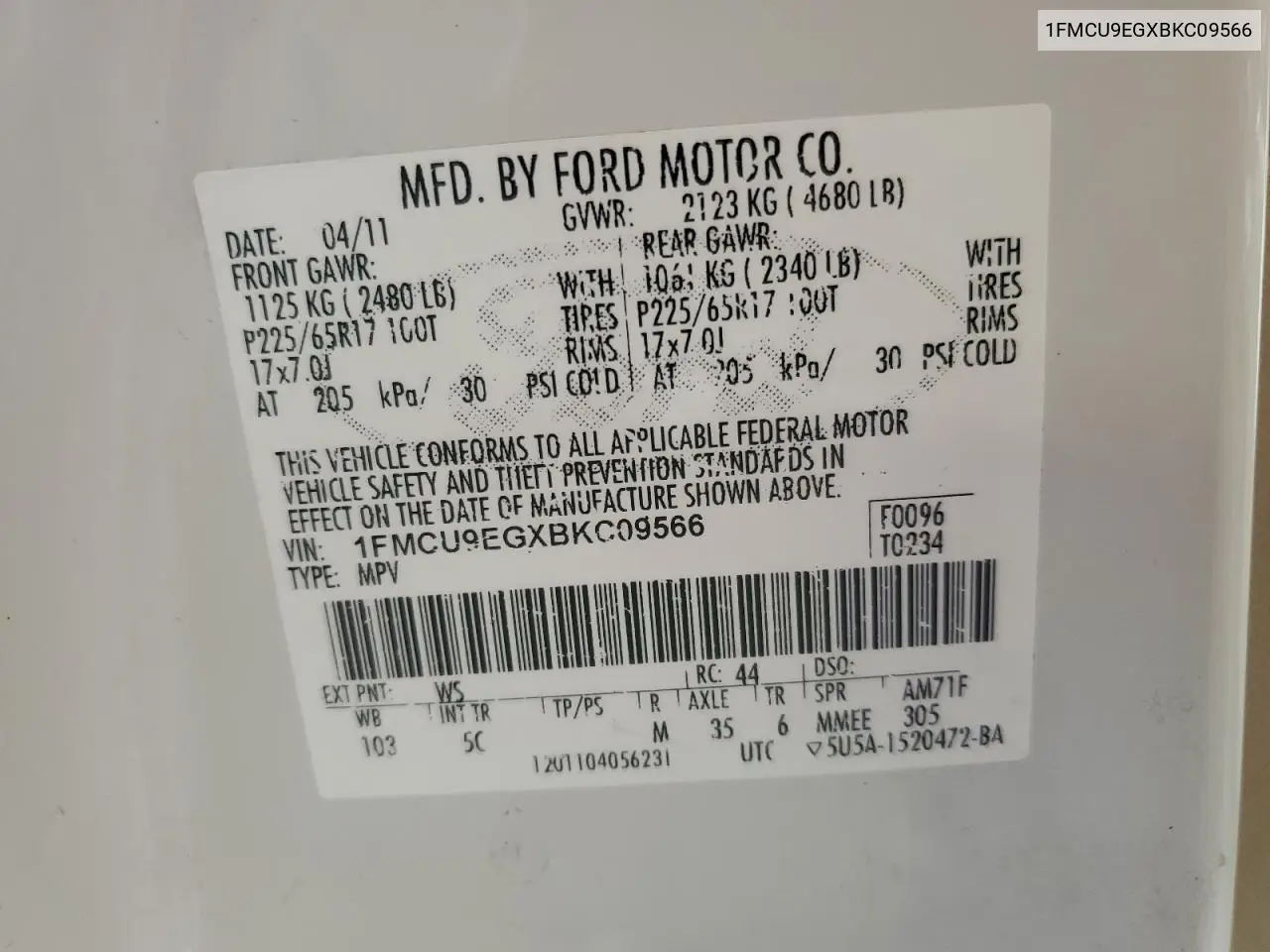 1FMCU9EGXBKC09566 2011 Ford Escape Limited