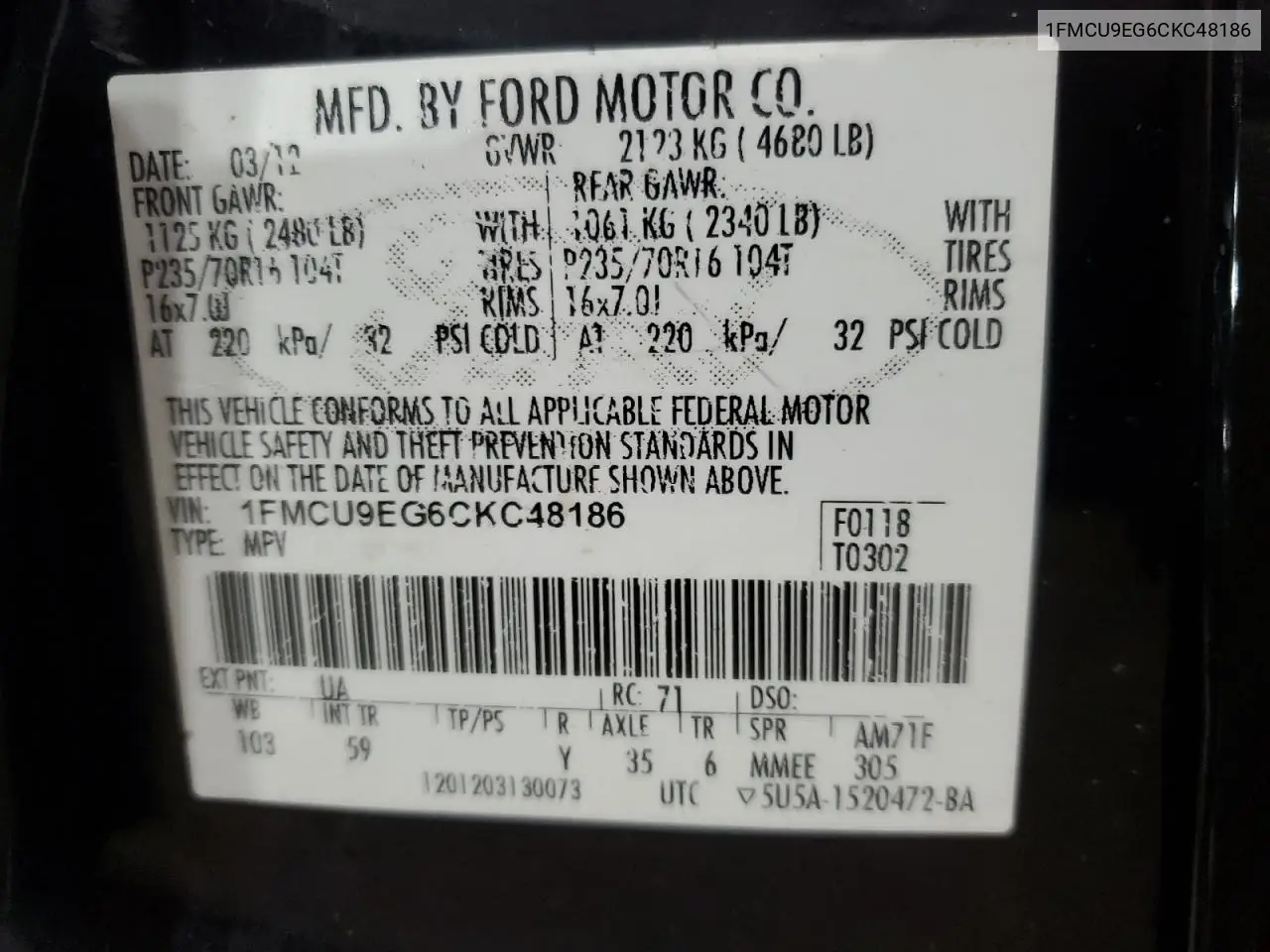 1FMCU9EG6CKC48186 2012 Ford Escape Limited