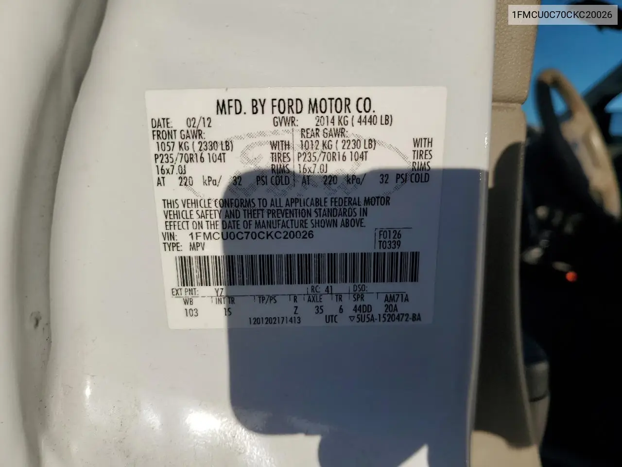1FMCU0C70CKC20026 2012 Ford Escape Xls