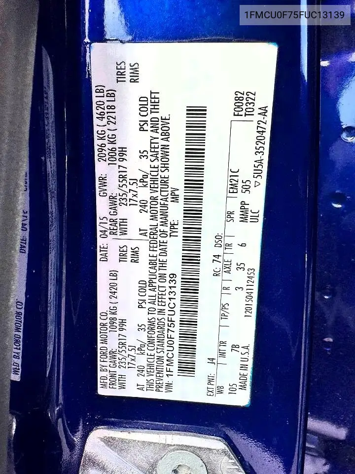 1FMCU0F75FUC13139 2015 Ford Escape S