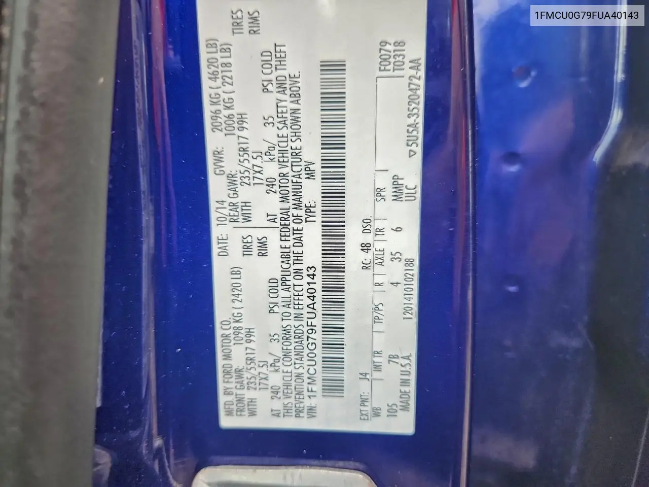 1FMCU0G79FUA40143 2015 Ford Escape Se