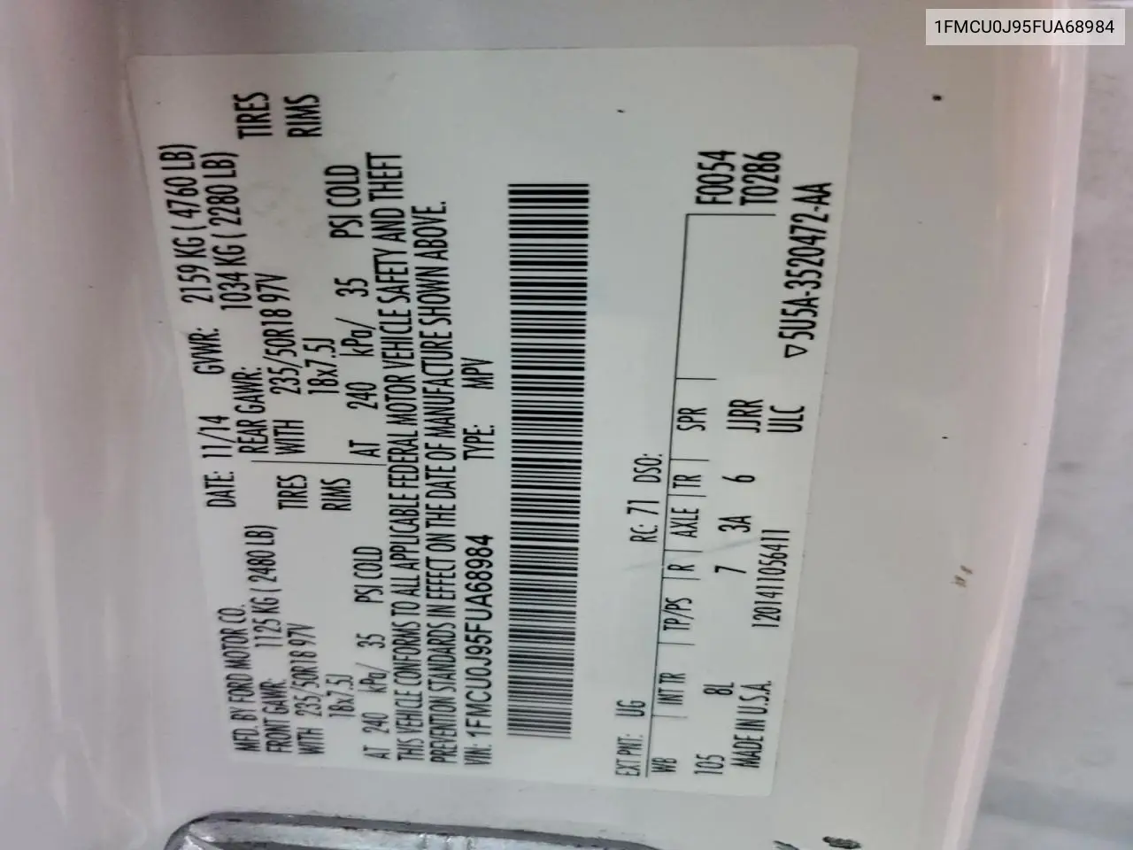 1FMCU0J95FUA68984 2015 Ford Escape Titanium