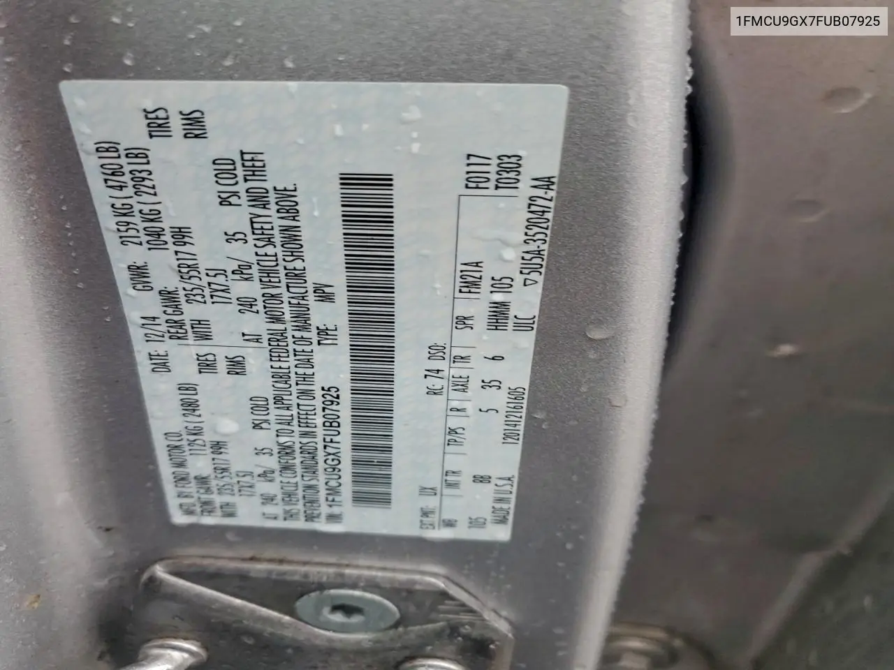 1FMCU9GX7FUB07925 2015 Ford Escape Se