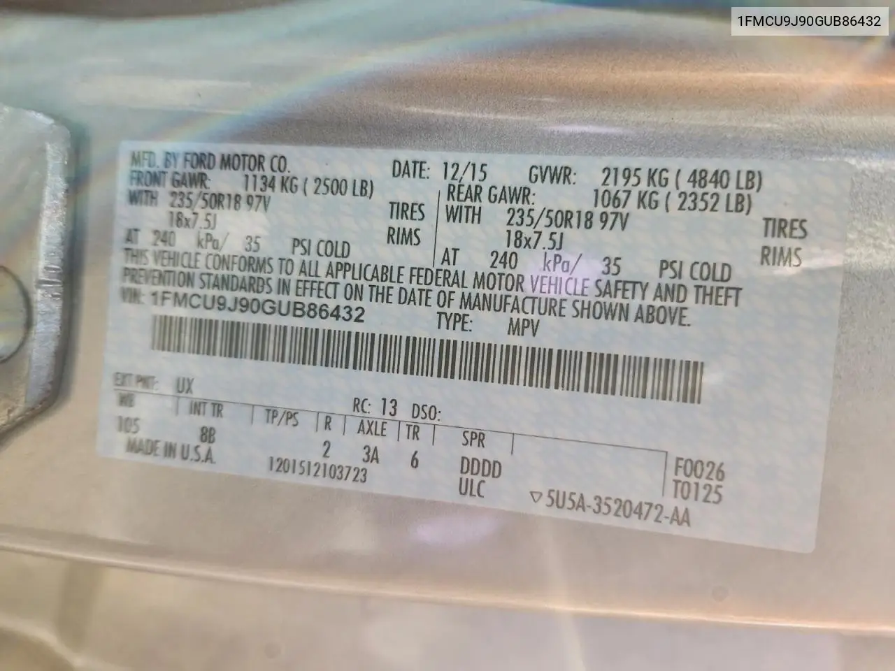 1FMCU9J90GUB86432 2016 Ford Escape Titanium