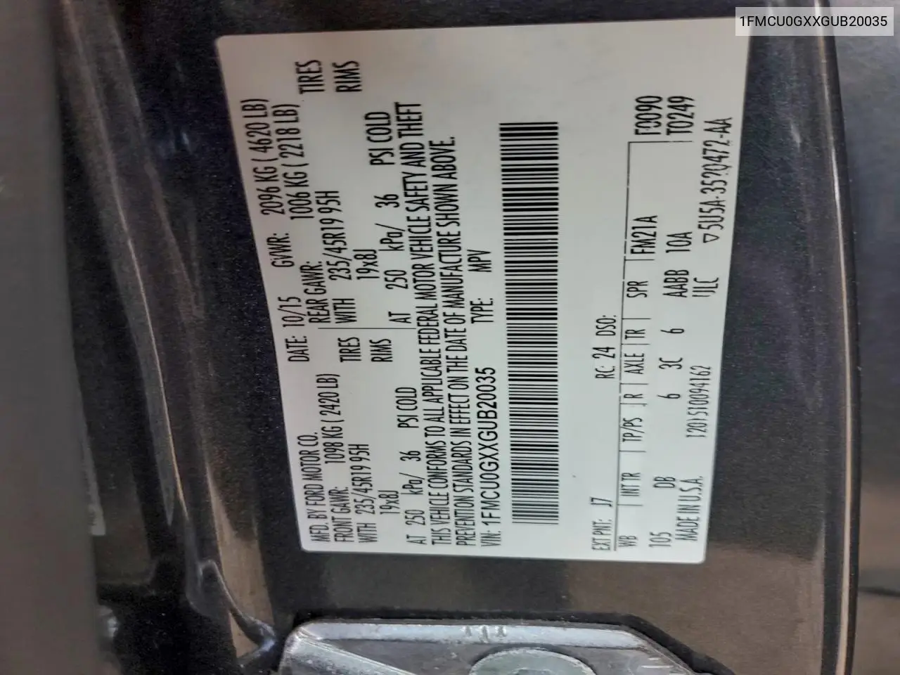 1FMCU0GXXGUB20035 2016 Ford Escape Se