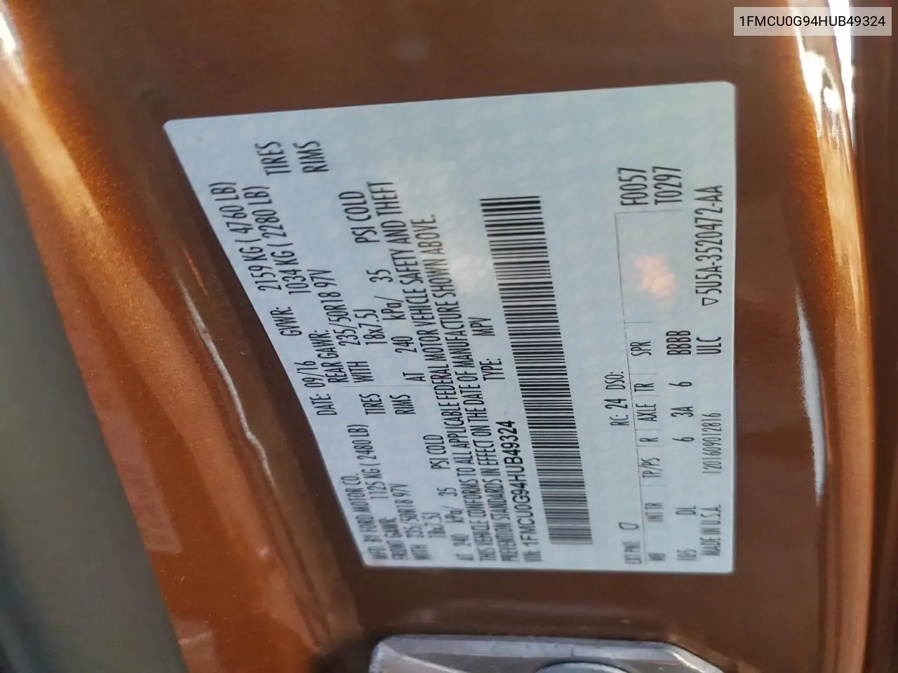 1FMCU0G94HUB49324 2017 Ford Escape Se