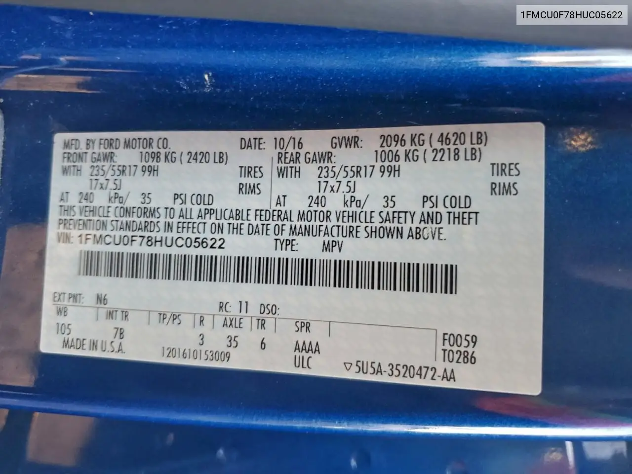 1FMCU0F78HUC05622 2017 Ford Escape S
