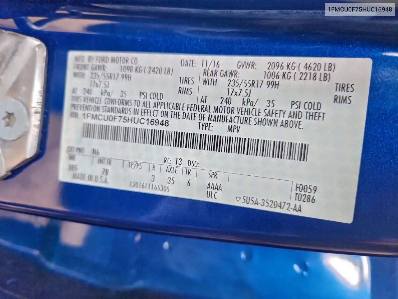 1FMCU0F75HUC16948 2017 Ford Escape S