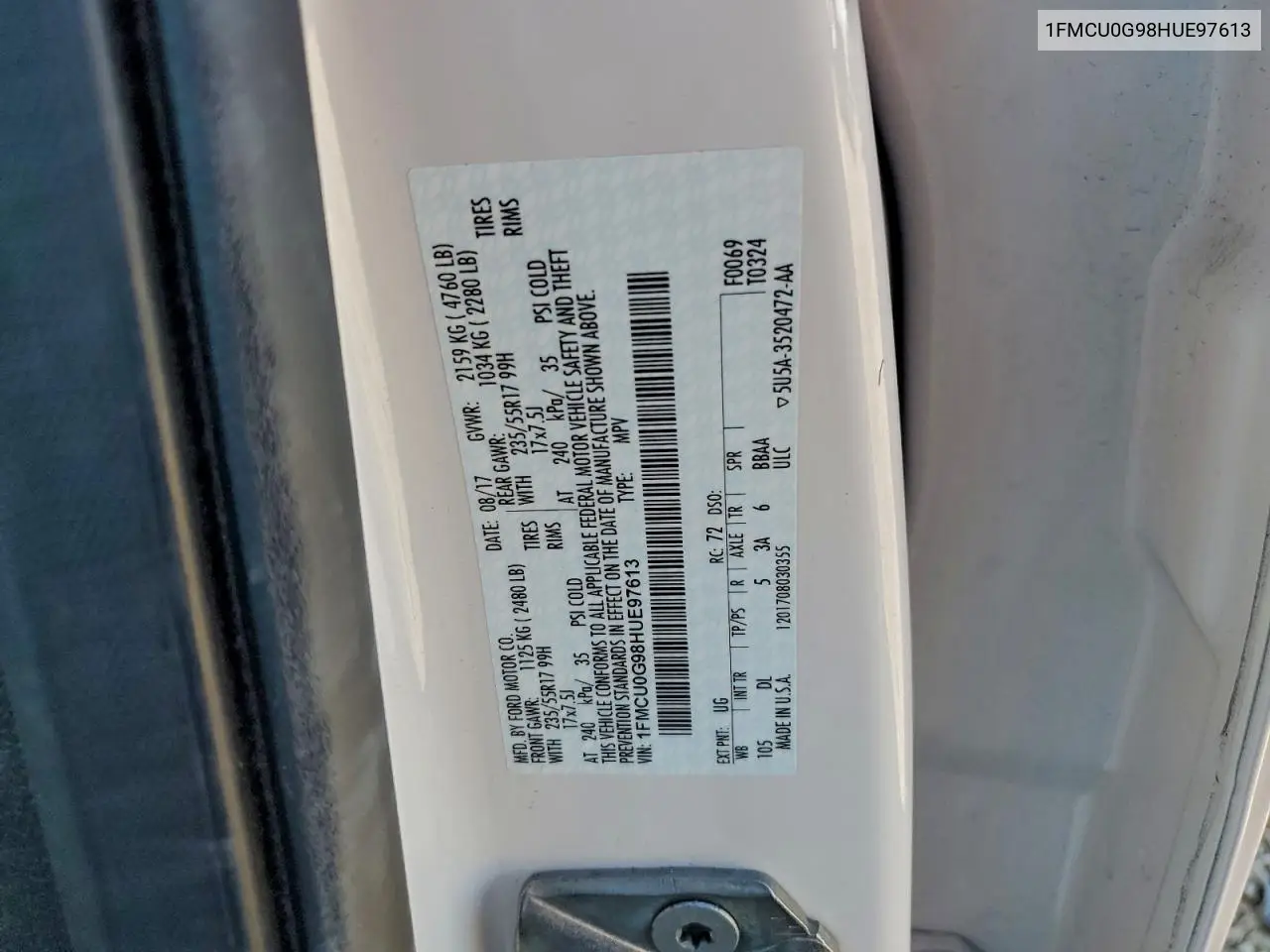 1FMCU0G98HUE97613 2017 Ford Escape Se