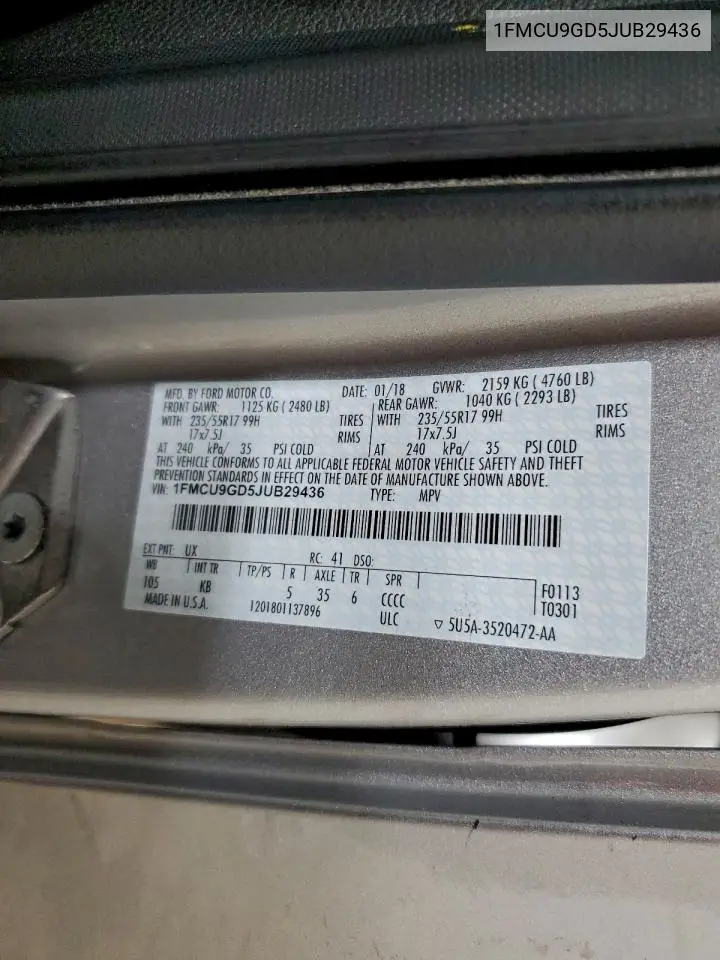 1FMCU9GD5JUB29436 2018 Ford Escape Se
