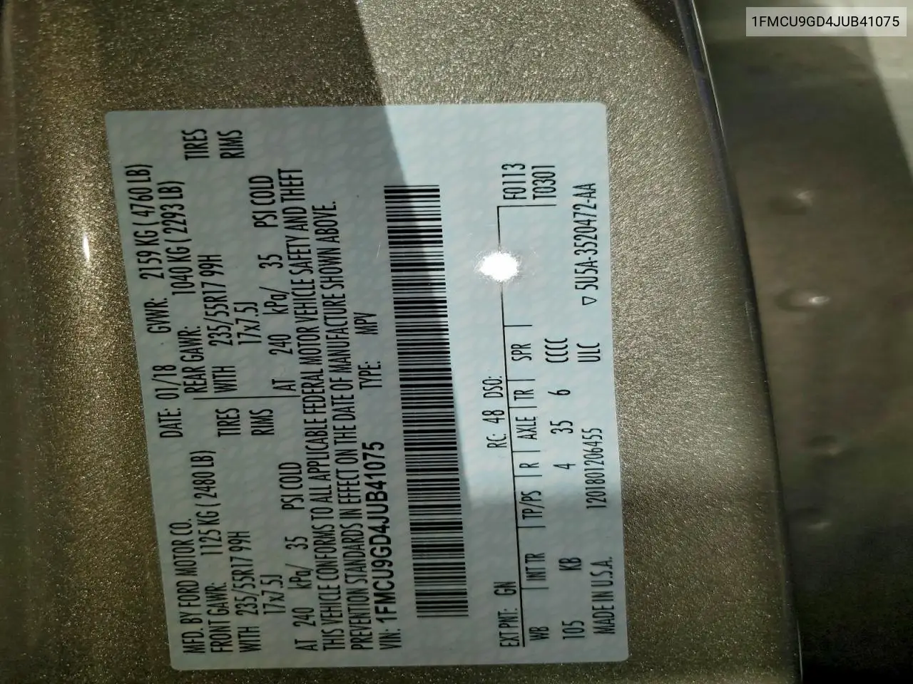 1FMCU9GD4JUB41075 2018 Ford Escape Se