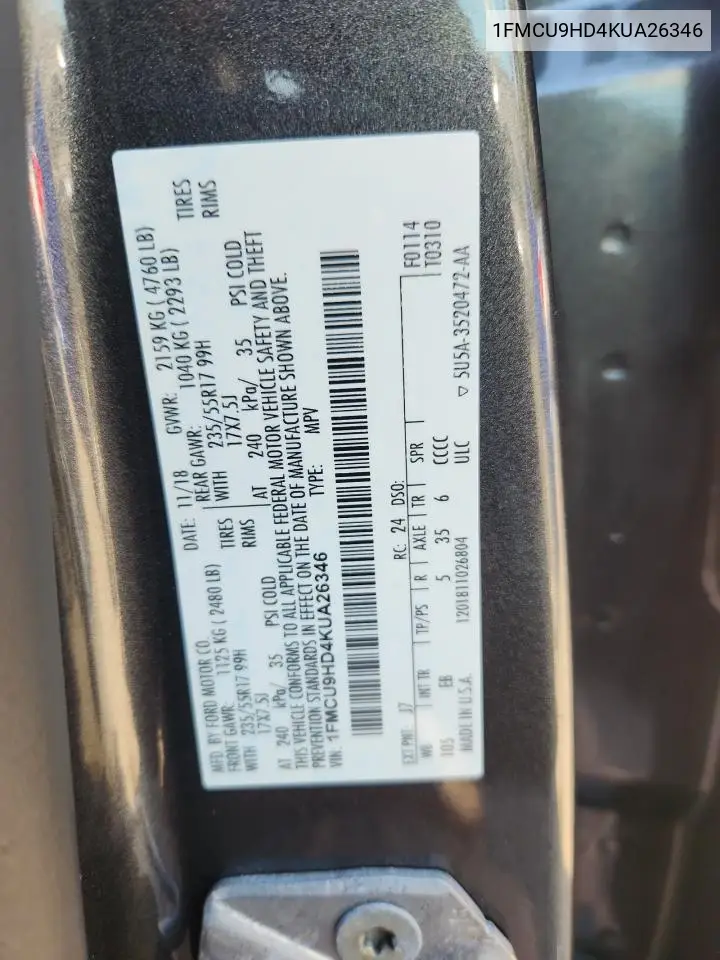 1FMCU9HD4KUA26346 2019 Ford Escape Sel