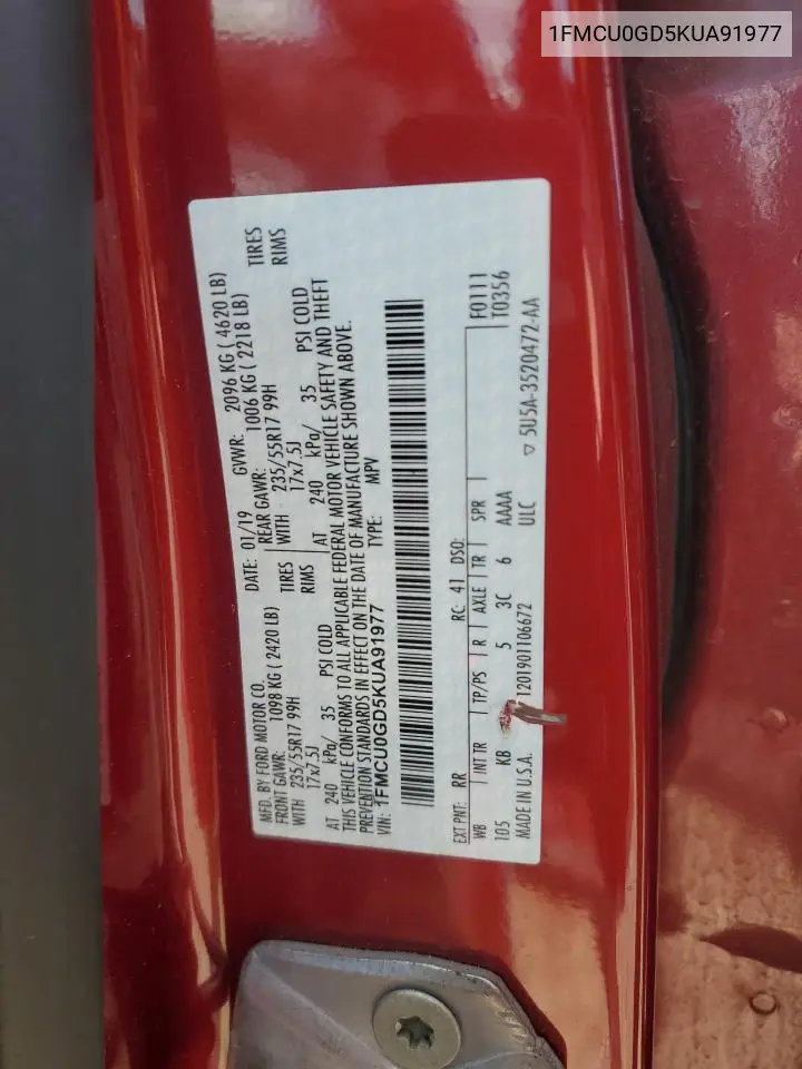 1FMCU0GD5KUA91977 2019 Ford Escape Se