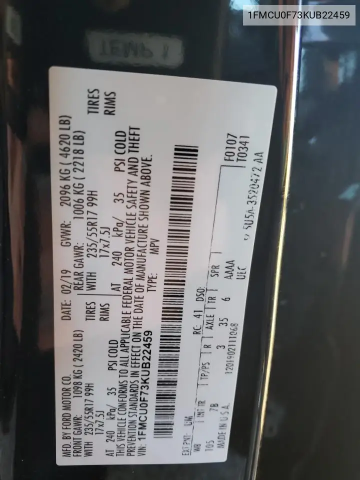 1FMCU0F73KUB22459 2019 Ford Escape S
