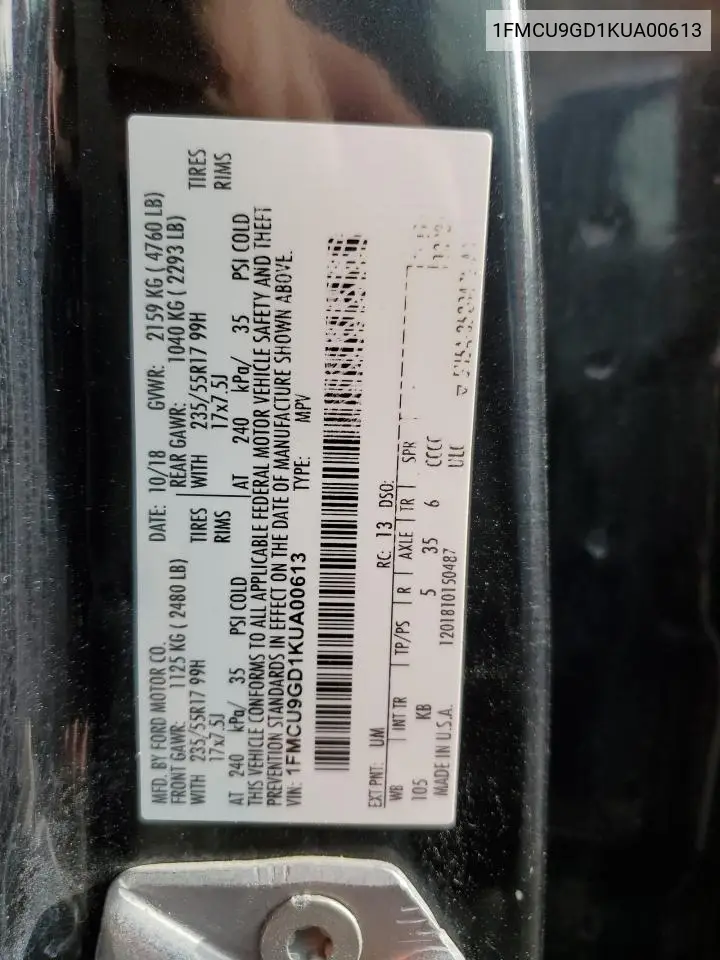 1FMCU9GD1KUA00613 2019 Ford Escape Se