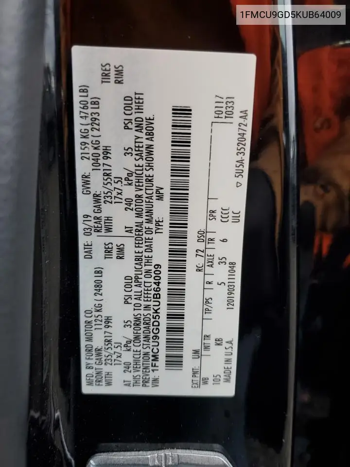 1FMCU9GD5KUB64009 2019 Ford Escape Se