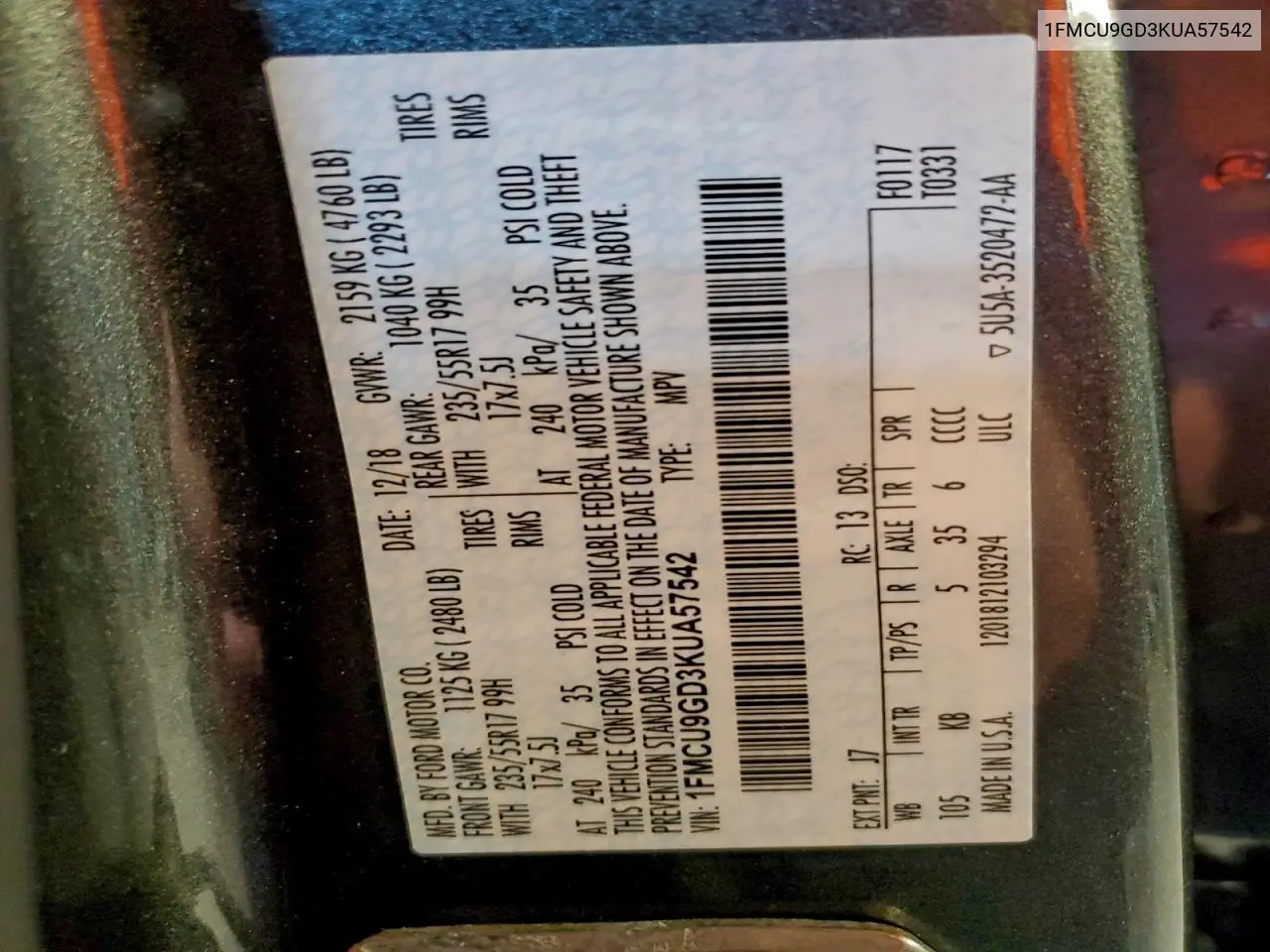 1FMCU9GD3KUA57542 2019 Ford Escape Se