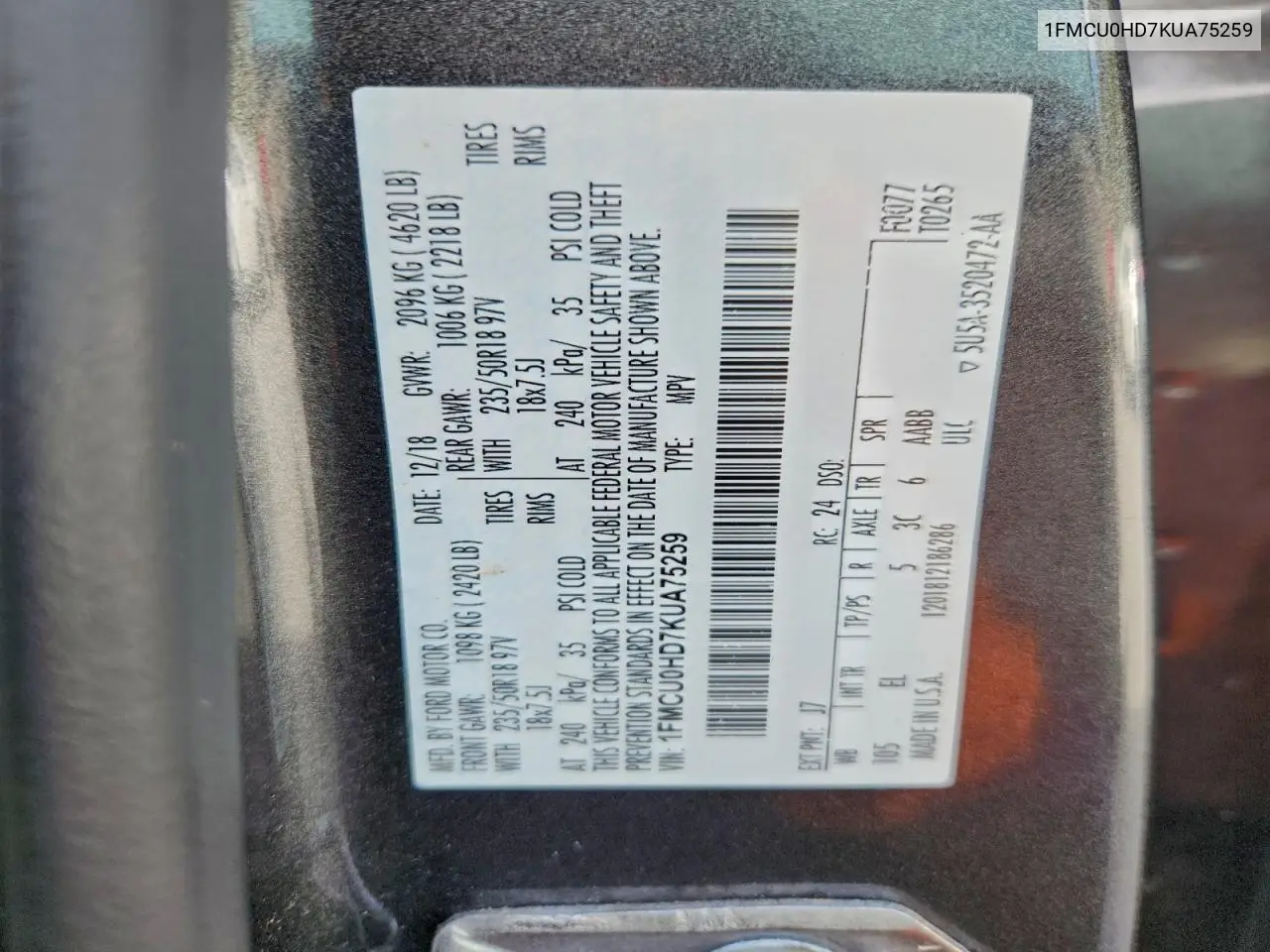 1FMCU0HD7KUA75259 2019 Ford Escape Sel