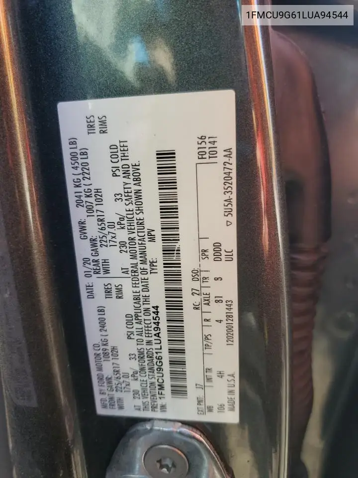 1FMCU9G61LUA94544 2020 Ford Escape Se