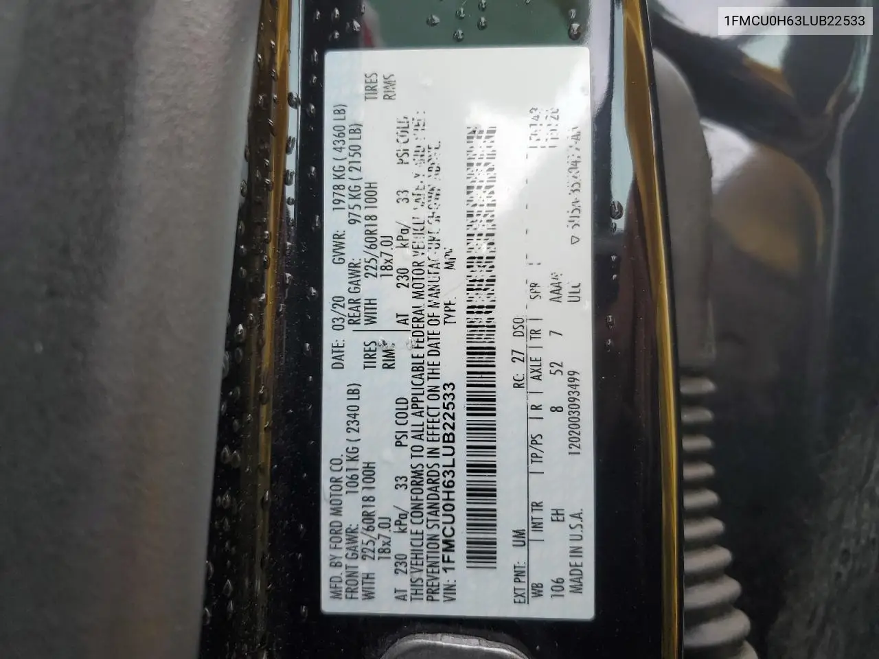 1FMCU0H63LUB22533 2020 Ford Escape Sel