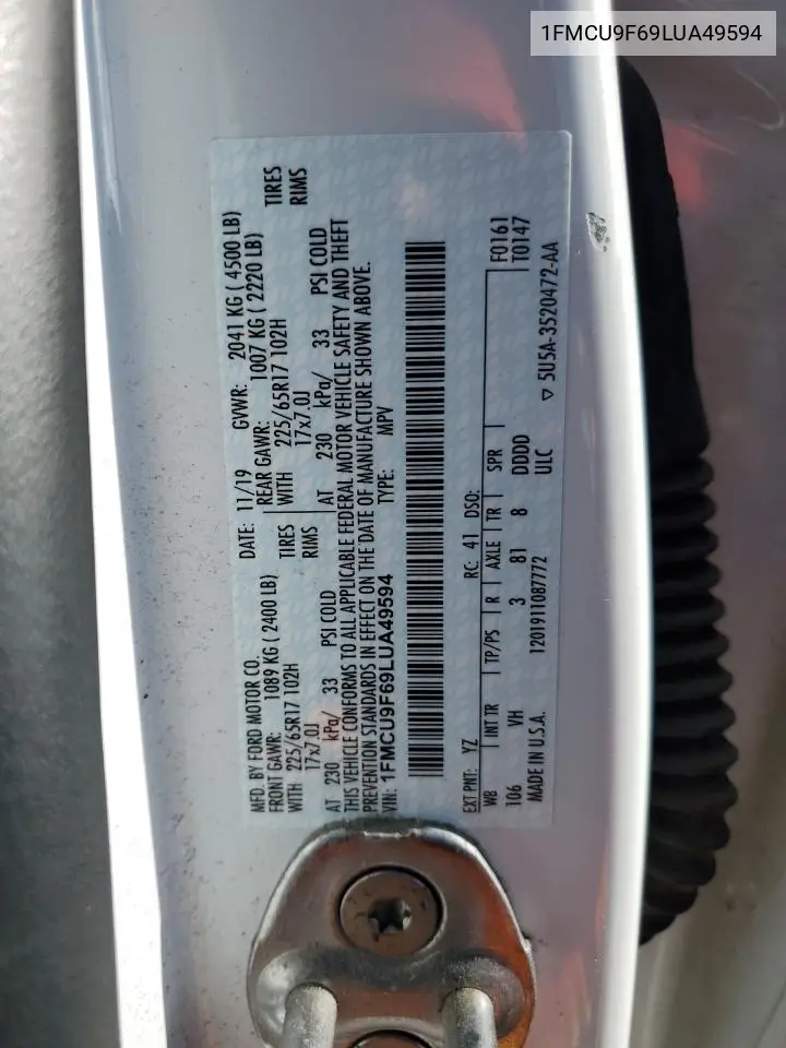 1FMCU9F69LUA49594 2020 Ford Escape S