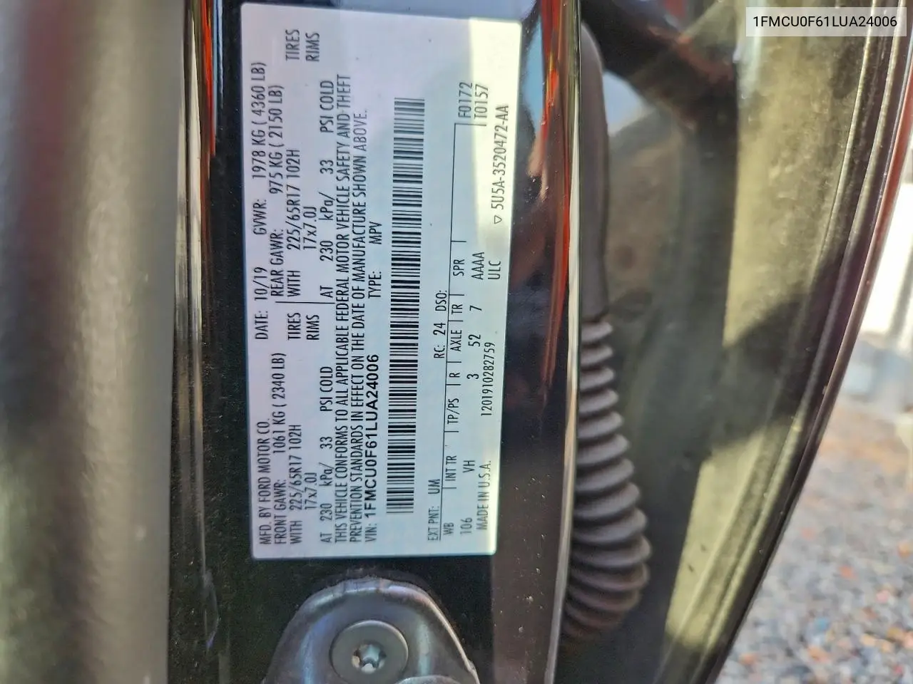 1FMCU0F61LUA24006 2020 Ford Escape S