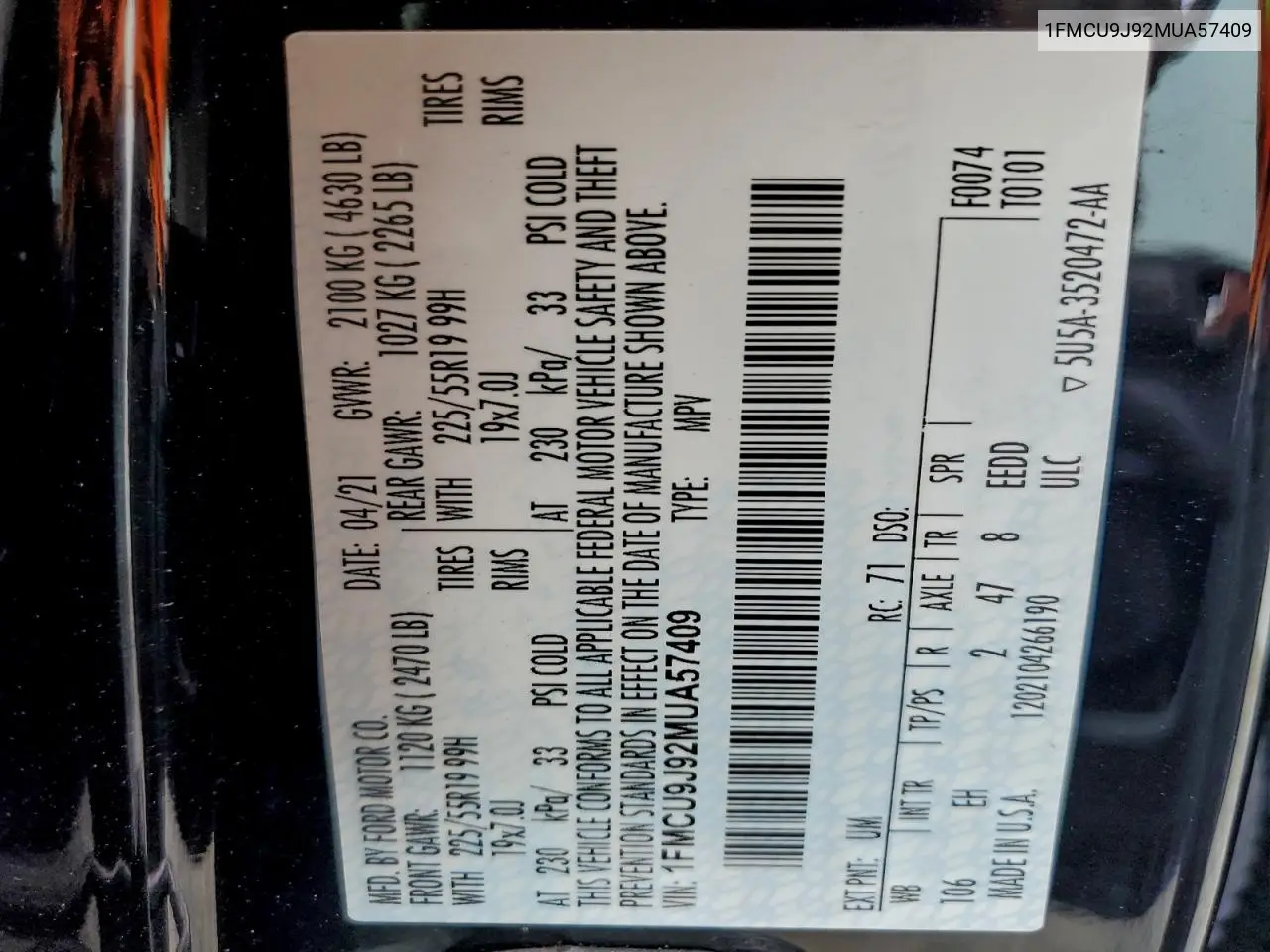 1FMCU9J92MUA57409 2021 Ford Escape Titanium