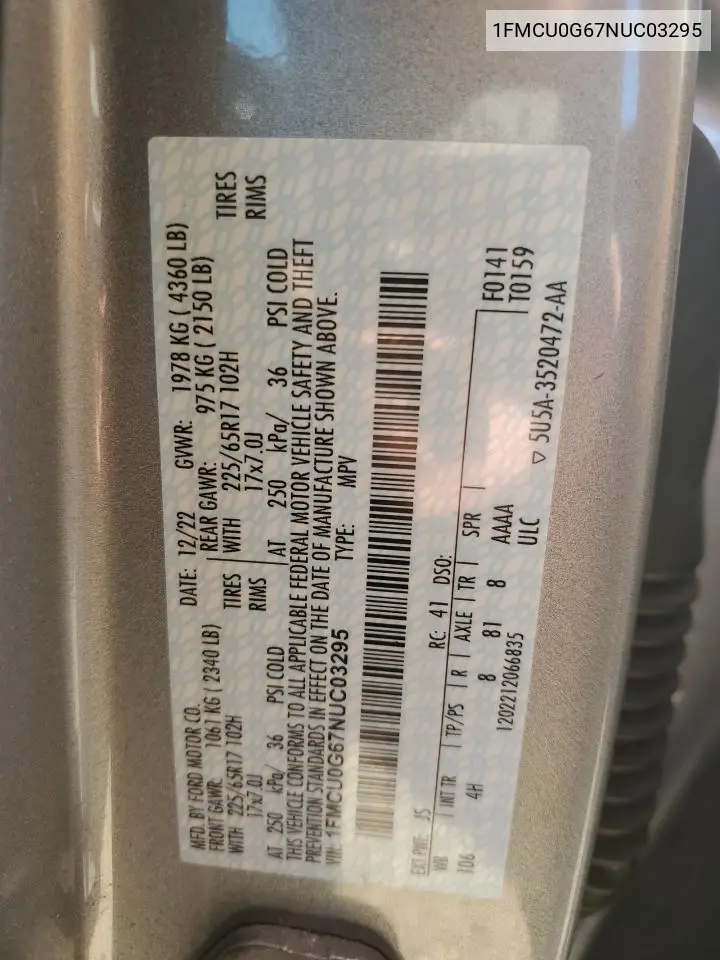 1FMCU0G67NUC03295 2022 Ford Escape Se