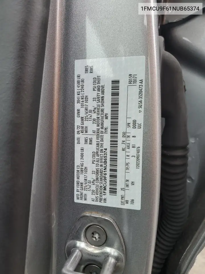 1FMCU9F61NUB65374 2022 Ford Escape S