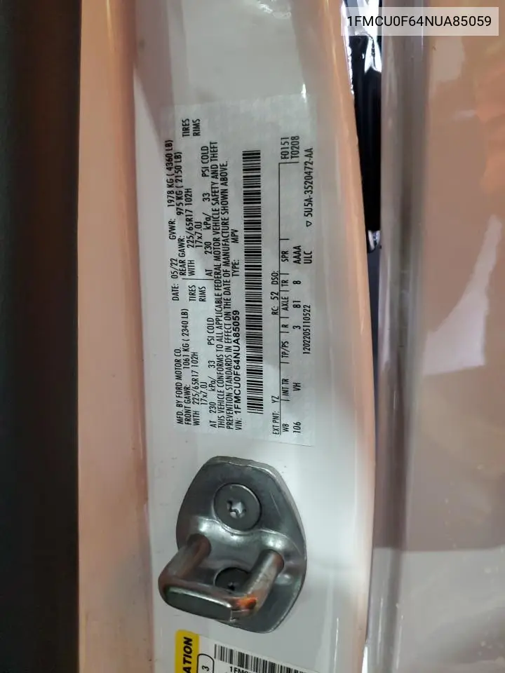 1FMCU0F64NUA85059 2022 Ford Escape S
