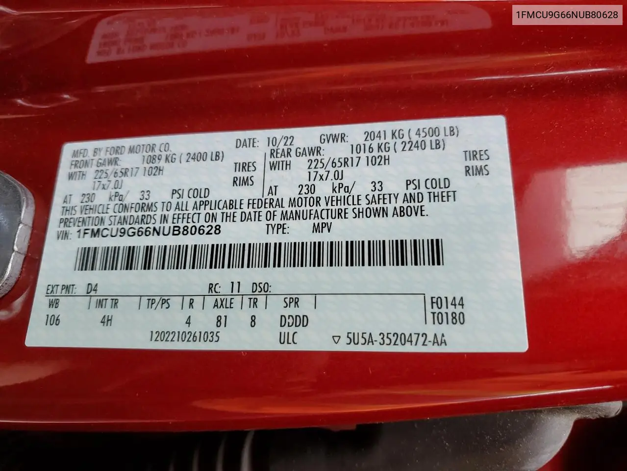1FMCU9G66NUB80628 2022 Ford Escape Se