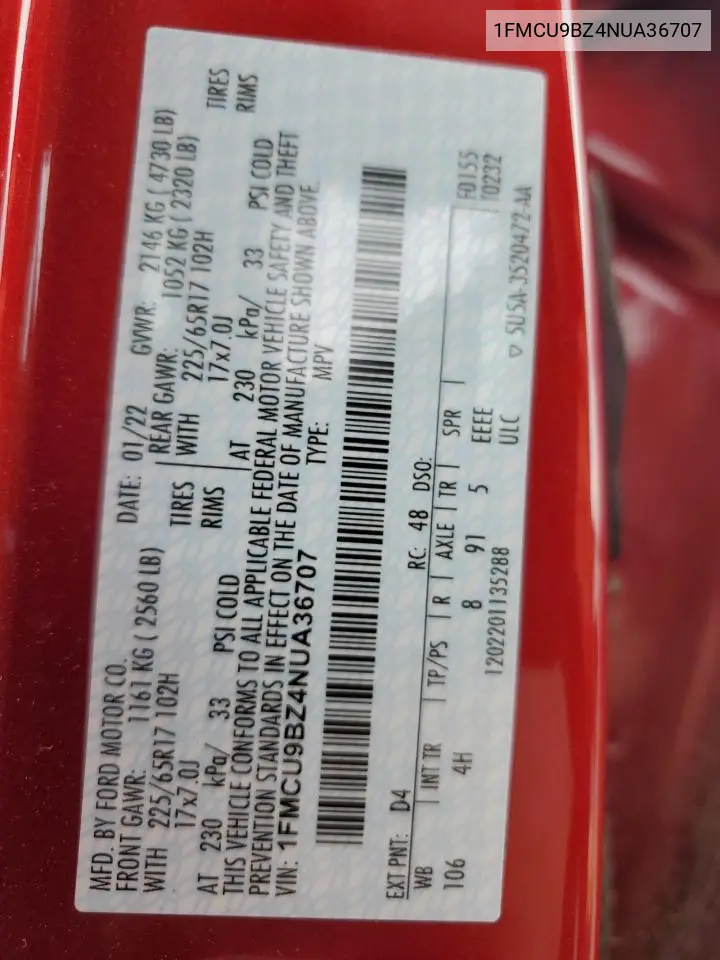 1FMCU9BZ4NUA36707 2022 Ford Escape Se