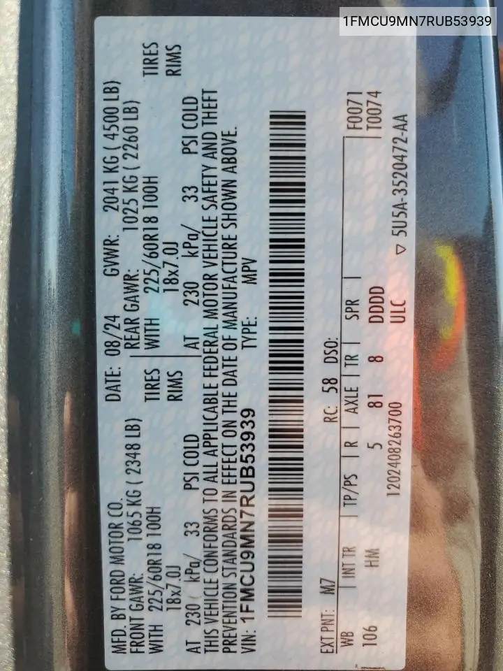 1FMCU9MN7RUB53939 2024 Ford Escape St Line