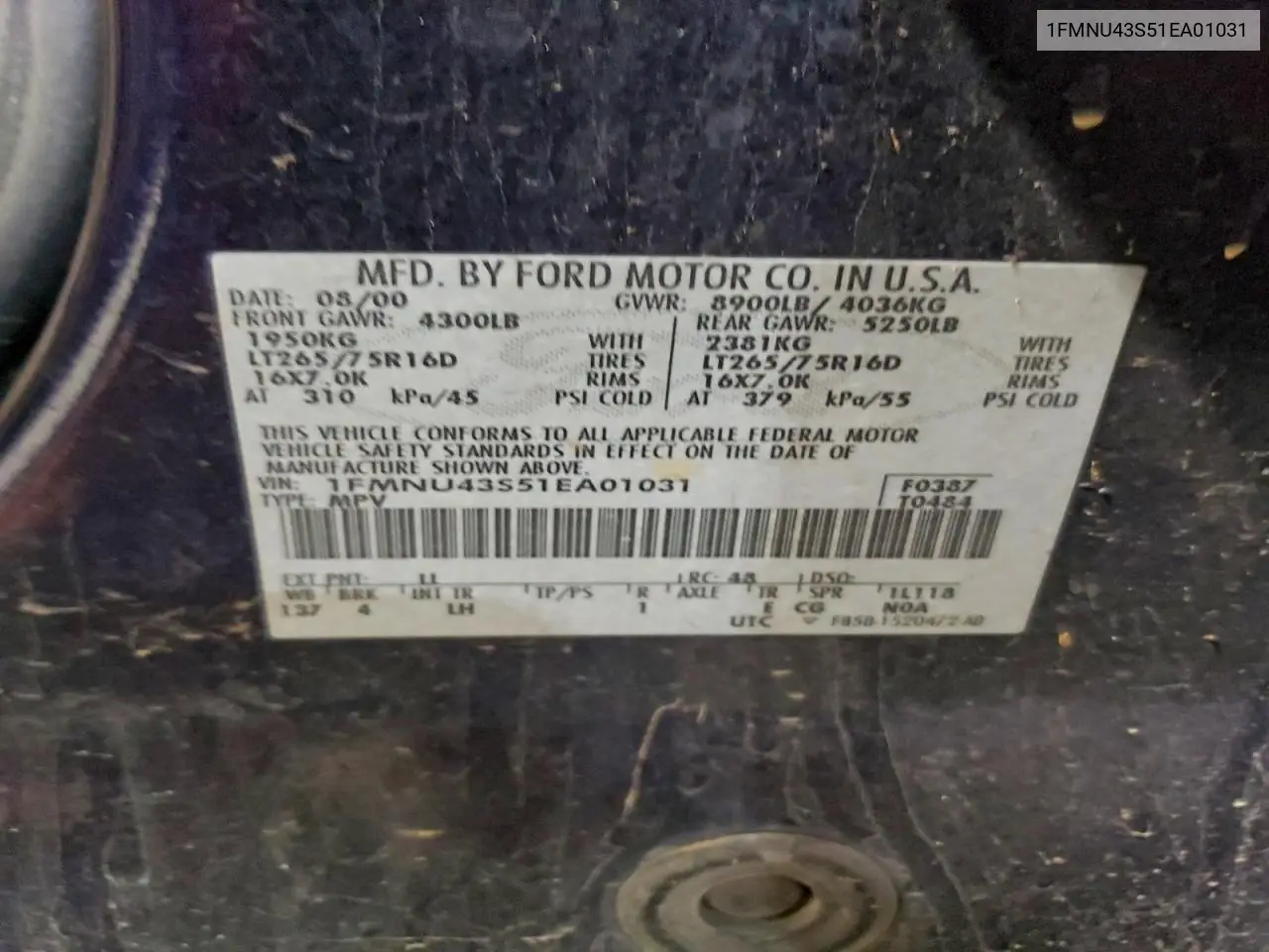 1FMNU43S51EA01031 2001 Ford Excursion Limited