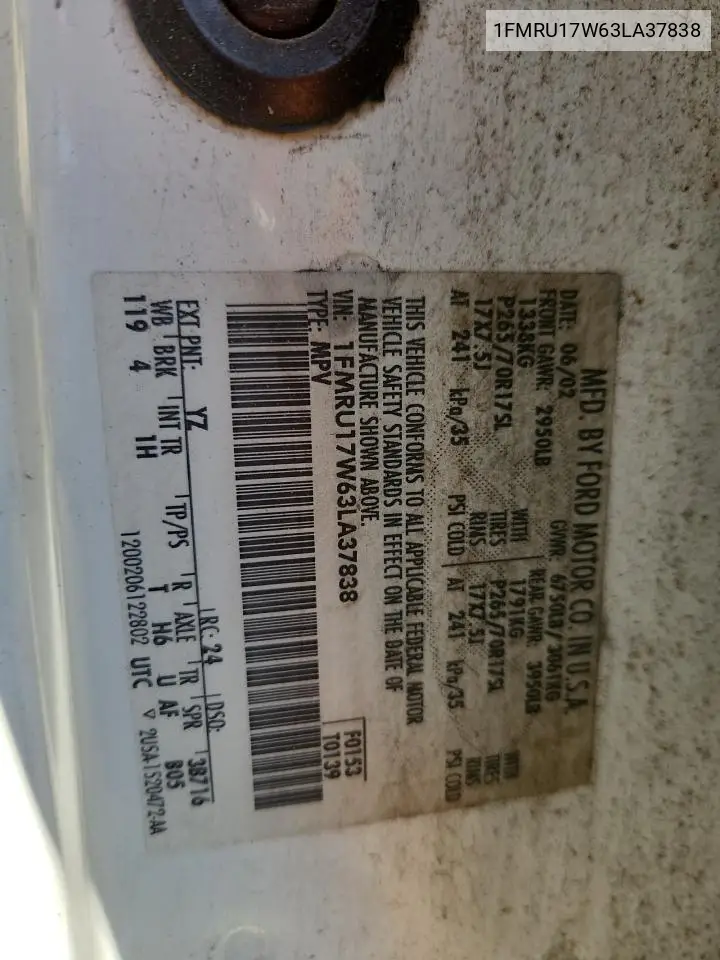 1FMRU17W63LA37838 2003 Ford Expedition Eddie Bauer