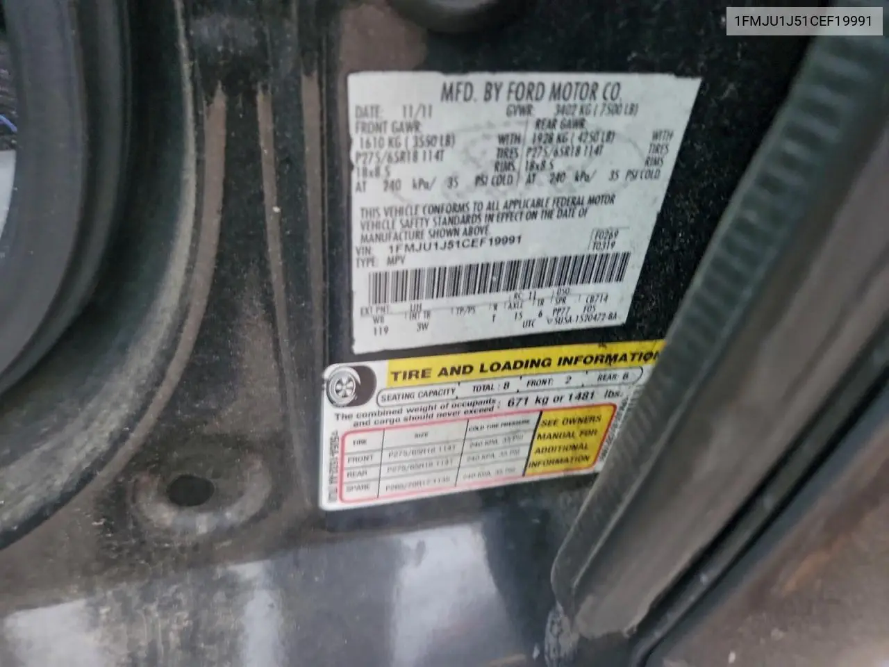 1FMJU1J51CEF19991 2012 Ford Expedition Xlt