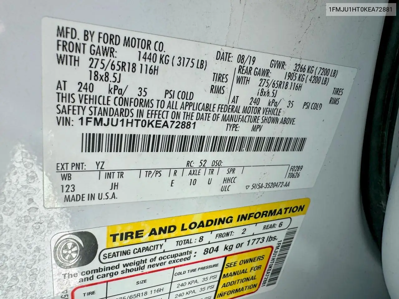 1FMJU1HT0KEA72881 2019 Ford Expedition Xlt