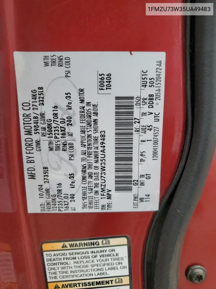 1FMZU73W35UA49483 2005 Ford Explorer Xlt