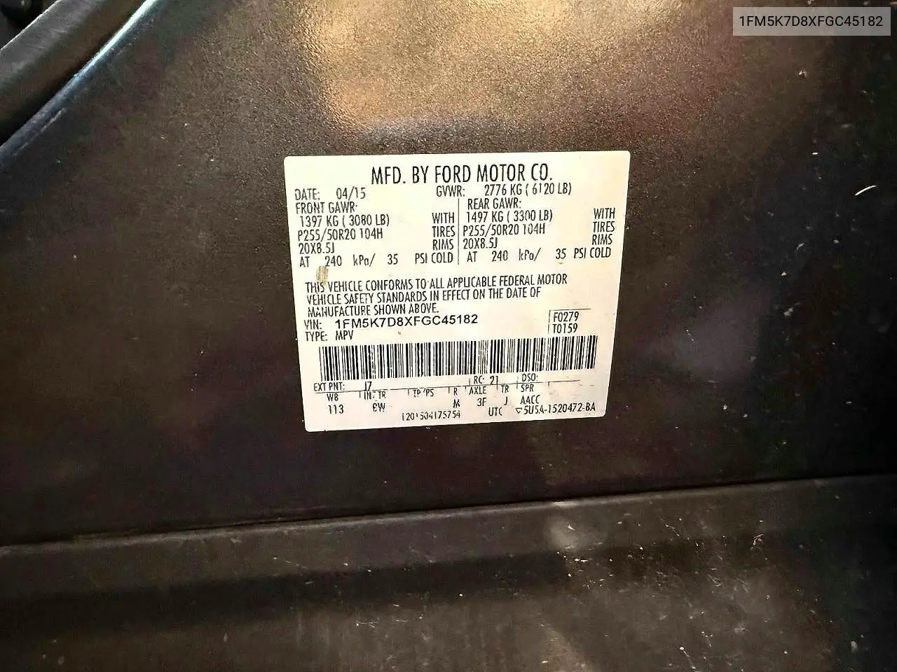 1FM5K7D8XFGC45182 2015 Ford Explorer Xlt