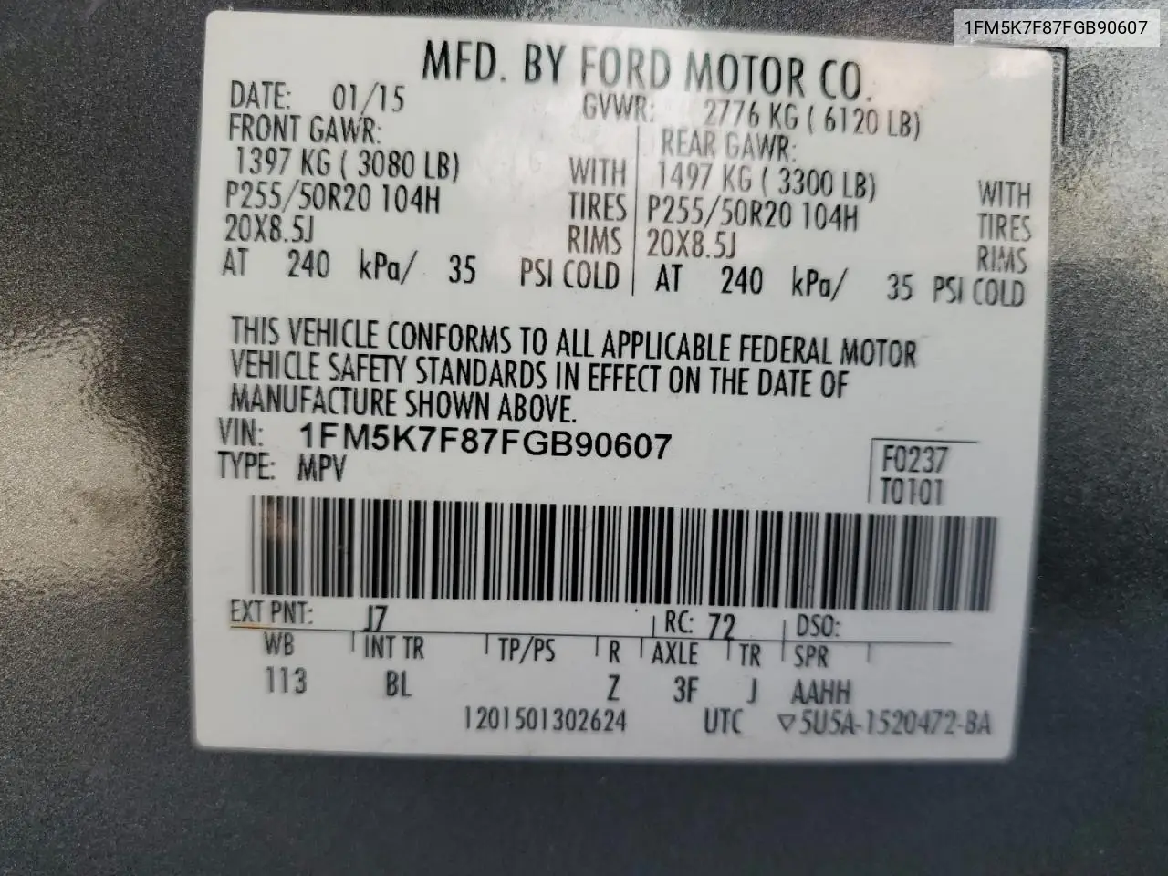 1FM5K7F87FGB90607 2015 Ford Explorer Limited