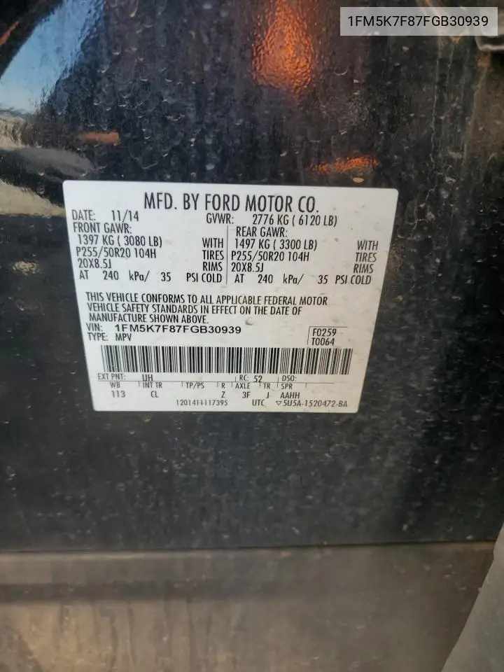 1FM5K7F87FGB30939 2015 Ford Explorer Limited