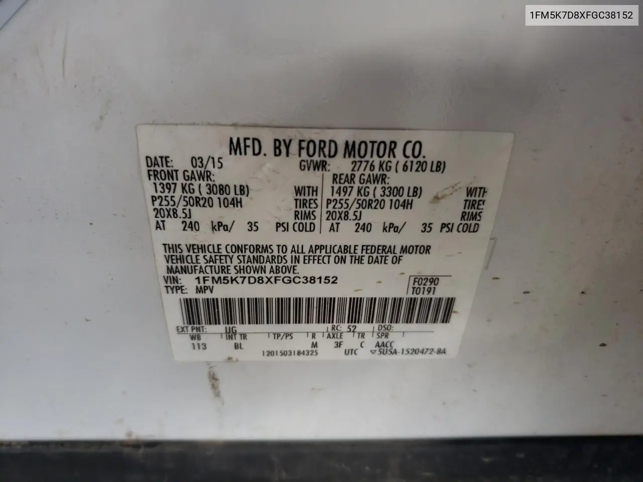 1FM5K7D8XFGC38152 2015 Ford Explorer Xlt