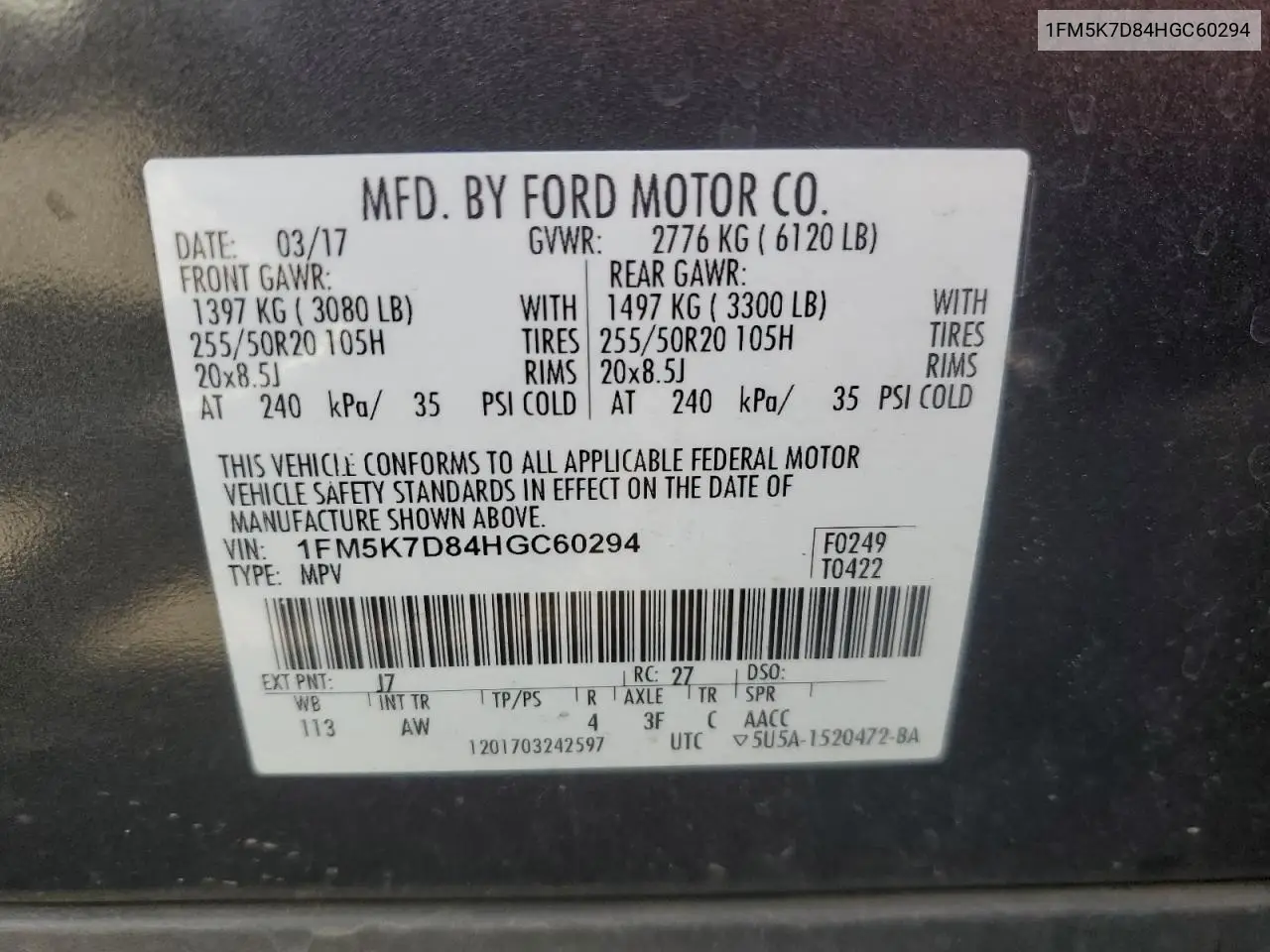 1FM5K7D84HGC60294 2017 Ford Explorer Xlt
