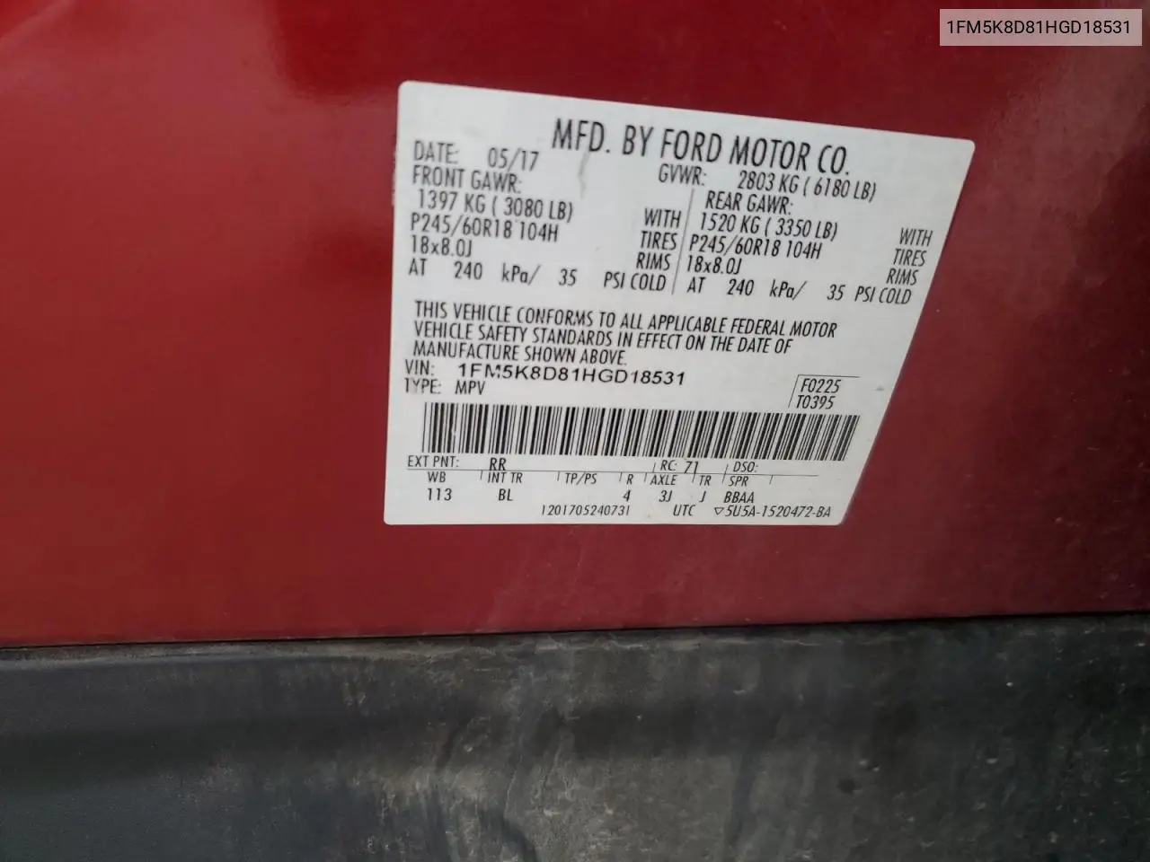 1FM5K8D81HGD18531 2017 Ford Explorer Xlt