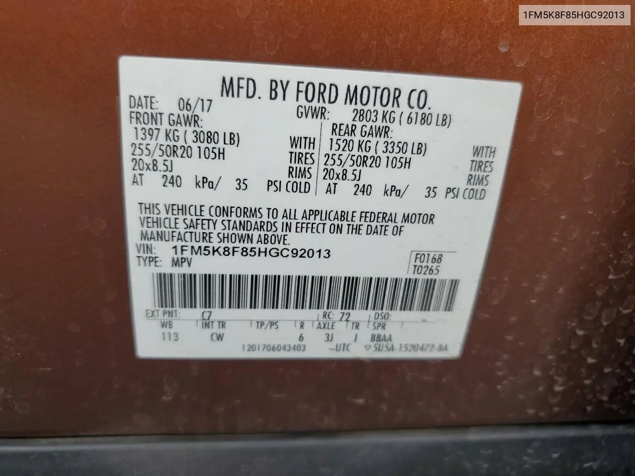 1FM5K8F85HGC92013 2017 Ford Explorer Limited