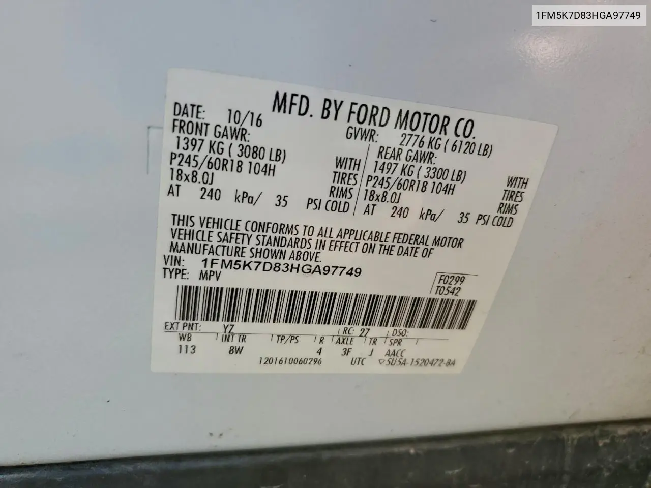 1FM5K7D83HGA97749 2017 Ford Explorer Xlt